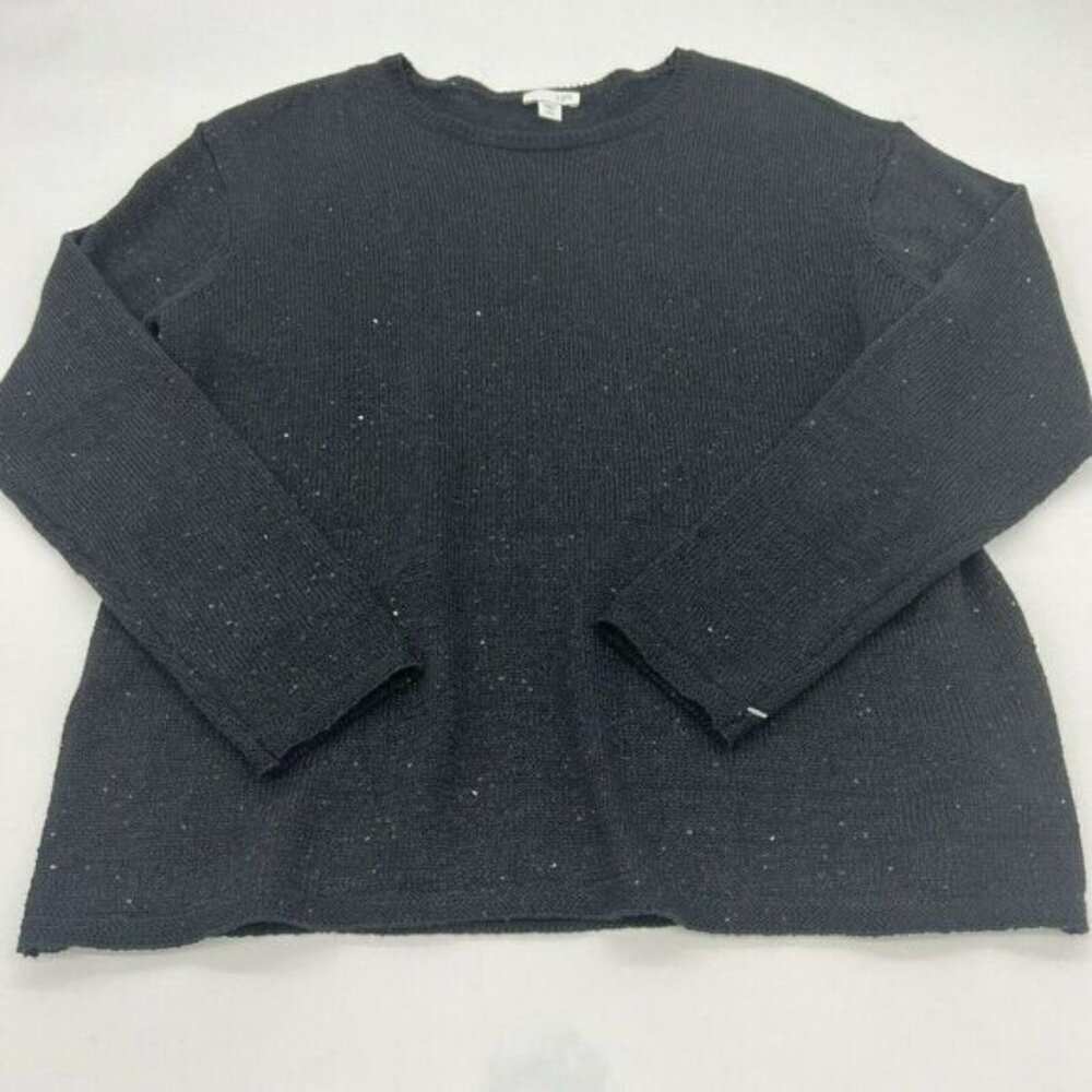 J Jill Shirt Womens Petite Med Pullover Black Sequin All Over Print Top Sweater